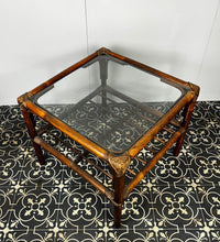 Load image into Gallery viewer, Stunning intertwined woven corners with magnificent craftsmanship finish towards the bottom of a bamboo rack to store books or newspapers come with a sleek glass top.