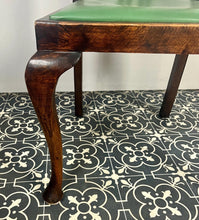 Load image into Gallery viewer, The mahogany chair with shaped backrest has a beautifully shaped finish with a piercing splat with a harp design, drop-in seats in a nice green tone leather type material, with one minor scuff and the padding, had fallen it, on lovely cabriole legs