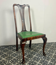 Load image into Gallery viewer, The mahogany chair with shaped backrest has a beautifully shaped finish with a piercing splat with a harp design, drop-in seats in a nice green tone leather type material, with one minor scuff and the padding, had fallen it, on lovely cabriole legs