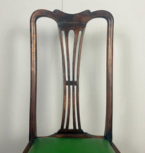Load image into Gallery viewer, The mahogany chair with shaped backrest has a beautifully shaped finish with a piercing splat with a harp design, drop-in seats in a nice green tone leather type material, with one minor scuff and the padding, had fallen it, on lovely cabriole legs