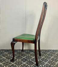 Load image into Gallery viewer, The mahogany chair with shaped backrest has a beautifully shaped finish with a piercing splat with a harp design, drop-in seats in a nice green tone leather type material, with one minor scuff and the padding, had fallen it, on lovely cabriole legs