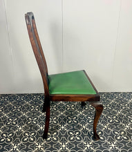 Load image into Gallery viewer, The mahogany chair with shaped backrest has a beautifully shaped finish with a piercing splat with a harp design, drop-in seats in a nice green tone leather type material, with one minor scuff and the padding, had fallen it, on lovely cabriole legs