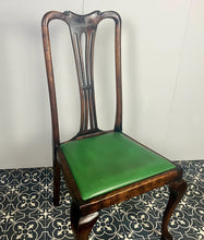 Load image into Gallery viewer, The mahogany chair with shaped backrest has a beautifully shaped finish with a piercing splat with a harp design, drop-in seats in a nice green tone leather type material, with one minor scuff and the padding, had fallen it, on lovely cabriole legs
