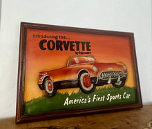 Load image into Gallery viewer, Amazing Chevrolet Corvette vintage wooden advertising sign with fantastic quality with a raised sculptural design with vibrant hand painted finish in multiple burnt orange layered tones, the sports car comes in intricate craftsmanship.