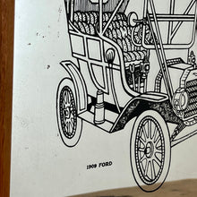 Load image into Gallery viewer, Unique detailed model T picture in a cartoon style design featuring a pencil type sketch with excellent intricate finish with shading and great care taken to create the design, bold fonts detailing Ford 1909.