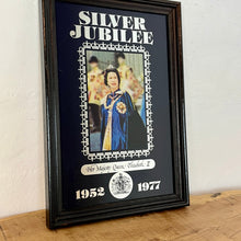 Load image into Gallery viewer, Wonderful vintage Silver Jubilee collectable mirror 1952 to 1977 featuring a radiant potrait of the Queen Elizabeth wearing her Royal attire and elegant souvenir piece, showing a magnificent silver crown border and silver bold fonts.