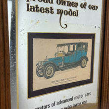 Load image into Gallery viewer, Vintage prestige Rolls Royce Silver Ghost 1912 advertising mirror featuring a glamourous design with antique pictures of the luxury car in intricate finish, excellent quotes in stylish fonts with a straight gold border.