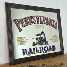 Load image into Gallery viewer, Historical Pennsylvania Railroad Company 1874 advertising mirror, showing the detailed steam train in a intricate noir design, bold stand out font with multiple vivid tones, with a list of the cities where the station are located.