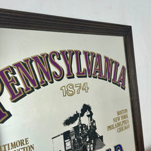 Load image into Gallery viewer, Historical Pennsylvania Railroad Company 1874 advertising mirror, showing the detailed steam train in a intricate noir design, bold stand out font with multiple vivid tones, with a list of the cities where the station are located.