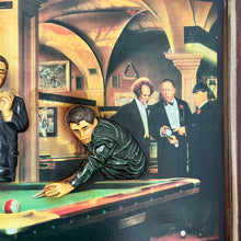 Load image into Gallery viewer, An amazing game of Fate by Chris Consani features Hollywood stars from the 40s and 50s featuring the stars in a pool hall with quality details with fantastic craftsmanship with intricate detail, the artwork comes on a raised sculptural wooden sign.
