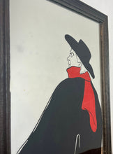 Load image into Gallery viewer, Stunning vintage wall art mirror featuring the famous cabaret star now in a gallery at San Diego Museum of Art, with vivid tones with wide brimmed hat and scarf creating a classic Lautrec art nouveau design.