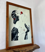 Load image into Gallery viewer, Glamorous lady nude art deco mirror with stunning details with her robe sliding down her body, holding her roses in vivid red tones with highlights on her lips, nails, hair clip and ring with the matching colour, intricate picture with superb design,