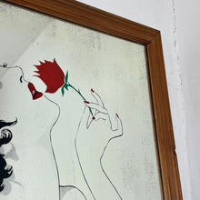Load image into Gallery viewer, Glamorous lady nude art deco mirror with stunning details with her robe sliding down her body, holding her roses in vivid red tones with highlights on her lips, nails, hair clip and ring with the matching colour, intricate picture with superb design,