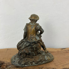 Load image into Gallery viewer, Wonderful late 19th-century antique gilded spelter material figurine with a copper finish featuring a majestic chap sitting upon a haystack with a scythe in his left hand and a cut a piece of hay that he had been working on