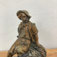 Load image into Gallery viewer, Wonderful late 19th-century antique gilded spelter material figurine with a copper finish featuring a majestic chap sitting upon a haystack with a scythe in his left hand and a cut a piece of hay that he had been working on