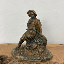 Load image into Gallery viewer, Wonderful late 19th-century antique gilded spelter material figurine with a copper finish featuring a majestic chap sitting upon a haystack with a scythe in his left hand and a cut a piece of hay that he had been working on