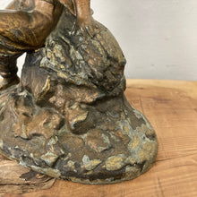 Load image into Gallery viewer, Wonderful late 19th-century antique gilded spelter material figurine with a copper finish featuring a majestic chap sitting upon a haystack with a scythe in his left hand and a cut a piece of hay that he had been working on