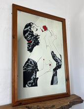 Load image into Gallery viewer, Glamorous lady nude art deco mirror with stunning details with her robe sliding down her body, holding her roses in vivid red tones with highlights on her lips, nails, hair clip and ring with the matching colour, intricate picture with superb design,