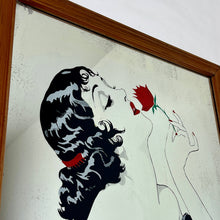 Load image into Gallery viewer, Glamorous lady nude art deco mirror with stunning details with her robe sliding down her body, holding her roses in vivid red tones with highlights on her lips, nails, hair clip and ring with the matching colour, intricate picture with superb design,
