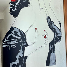 Load image into Gallery viewer, Glamorous lady nude art deco mirror with stunning details with her robe sliding down her body, holding her roses in vivid red tones with highlights on her lips, nails, hair clip and ring with the matching colour, intricate picture with superb design,