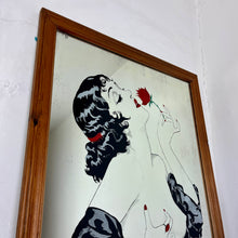 Load image into Gallery viewer, Glamorous lady nude art deco mirror with stunning details with her robe sliding down her body, holding her roses in vivid red tones with highlights on her lips, nails, hair clip and ring with the matching colour, intricate picture with superb design,