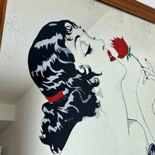 Load image into Gallery viewer, Glamorous lady nude art deco mirror with stunning details with her robe sliding down her body, holding her roses in vivid red tones with highlights on her lips, nails, hair clip and ring with the matching colour, intricate picture with superb design,