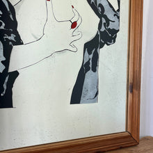 Load image into Gallery viewer, Glamorous lady nude art deco mirror with stunning details with her robe sliding down her body, holding her roses in vivid red tones with highlights on her lips, nails, hair clip and ring with the matching colour, intricate picture with superb design,