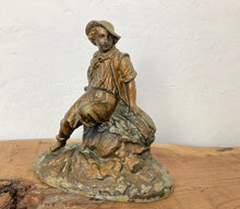 Load image into Gallery viewer, Wonderful late 19th-century antique gilded spelter material figurine with a copper finish featuring a majestic chap sitting upon a haystack with a scythe in his left hand and a cut a piece of hay that he had been working on