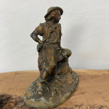 Load image into Gallery viewer, Wonderful late 19th-century antique gilded spelter material figurine with a copper finish featuring a majestic chap sitting upon a haystack with a scythe in his left hand and a cut a piece of hay that he had been working on