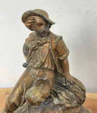Load image into Gallery viewer, Wonderful late 19th-century antique gilded spelter material figurine with a copper finish featuring a majestic chap sitting upon a haystack with a scythe in his left hand and a cut a piece of hay that he had been working on