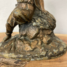 Load image into Gallery viewer, Wonderful late 19th-century antique gilded spelter material figurine with a copper finish featuring a majestic chap sitting upon a haystack with a scythe in his left hand and a cut a piece of hay that he had been working on