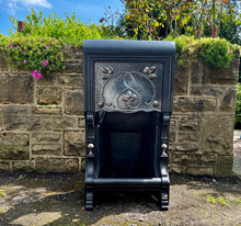 Load image into Gallery viewer, Beautiful antique Victorian Art Nouveau fireplace. Elegant design in cast iron with pewter insert and beautiful stylised sinuous floral copper decorations.