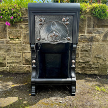 Load image into Gallery viewer, Beautiful antique Victorian Art Nouveau fireplace. Elegant design in cast iron with pewter insert and beautiful stylised sinuous floral copper decorations.
