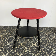Load image into Gallery viewer, Stylish early 20th-century ebonised faux bamboo coffee or side table with a fantastic design featuring the trend ebony tone with a turned leg finish and sleek gold highlights. It is created in a cricket form with three legs