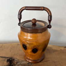 Load image into Gallery viewer, This wonderful vintage-turned wood caddy, with an attractive lid and handle, has a natural wood finish in the design, charming grain, and excellent craftsmanship. It is an elegant and functional addition to your home decor.