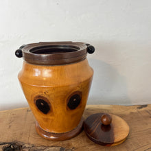 Load image into Gallery viewer, This wonderful vintage-turned wood caddy, with an attractive lid and handle, has a natural wood finish in the design, charming grain, and excellent craftsmanship. It is an elegant and functional addition to your home decor.