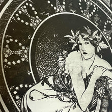 Load image into Gallery viewer, features an elegant lady wearing an attractive headdress, her hair tied up, and a selection of glamorous clothing. The circle border is adorned with an intricate design of poppies, adding to its artistic value.