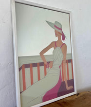 Load image into Gallery viewer, Wonderful art deco mirror featuring a glamorous lady posing with nice detail, wearing a summer dress and hat with a pink ribbon design.