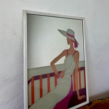 Load image into Gallery viewer, Wonderful art deco mirror featuring a glamorous lady posing with nice detail, wearing a summer dress and hat with a pink ribbon design.