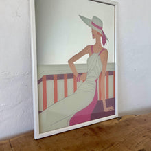 Load image into Gallery viewer, Wonderful art deco mirror featuring a glamorous lady posing with nice detail, wearing a summer dress and hat with a pink ribbon design.