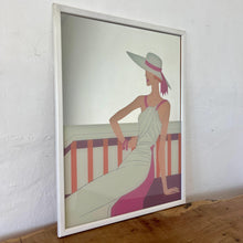Load image into Gallery viewer, Wonderful art deco mirror featuring a glamorous lady posing with nice detail, wearing a summer dress and hat with a pink ribbon design.