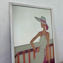 Load image into Gallery viewer, Wonderful art deco mirror featuring a glamorous lady posing with nice detail, wearing a summer dress and hat with a pink ribbon design.