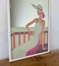 Load image into Gallery viewer, Wonderful art deco mirror featuring a glamorous lady posing with nice detail, wearing a summer dress and hat with a pink ribbon design.
