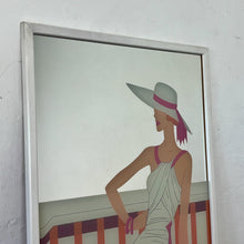Load image into Gallery viewer, Wonderful art deco mirror featuring a glamorous lady posing with nice detail, wearing a summer dress and hat with a pink ribbon design.