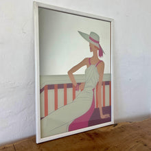 Load image into Gallery viewer, Wonderful art deco mirror featuring a glamorous lady posing with nice detail, wearing a summer dress and hat with a pink ribbon design.