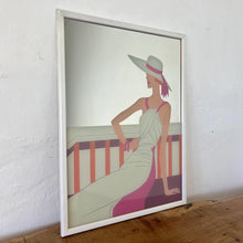 Load image into Gallery viewer, Wonderful art deco mirror featuring a glamorous lady posing with nice detail, wearing a summer dress and hat with a pink ribbon design.