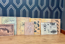 Load image into Gallery viewer, A selection of eleven gun and revolver art pictures with stunning deals created in a vintage style and printed on old wooden sheets likely to be developed in the 90s