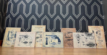 Load image into Gallery viewer, This collection features seven stunning vintage-style artworks of guns, revolvers, and shotguns. These prints, likely created in the 1990s, are displayed on old wooden sheets.