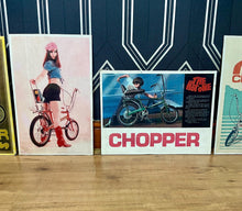 Load image into Gallery viewer, A retro selection of five chopper bike art prints features stunning designs inspired by famous advertisements and renowned actresses.