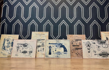 Load image into Gallery viewer, This collection features seven stunning vintage-style artworks of guns, revolvers, and shotguns. These prints, likely created in the 1990s, are displayed on old wooden sheets.